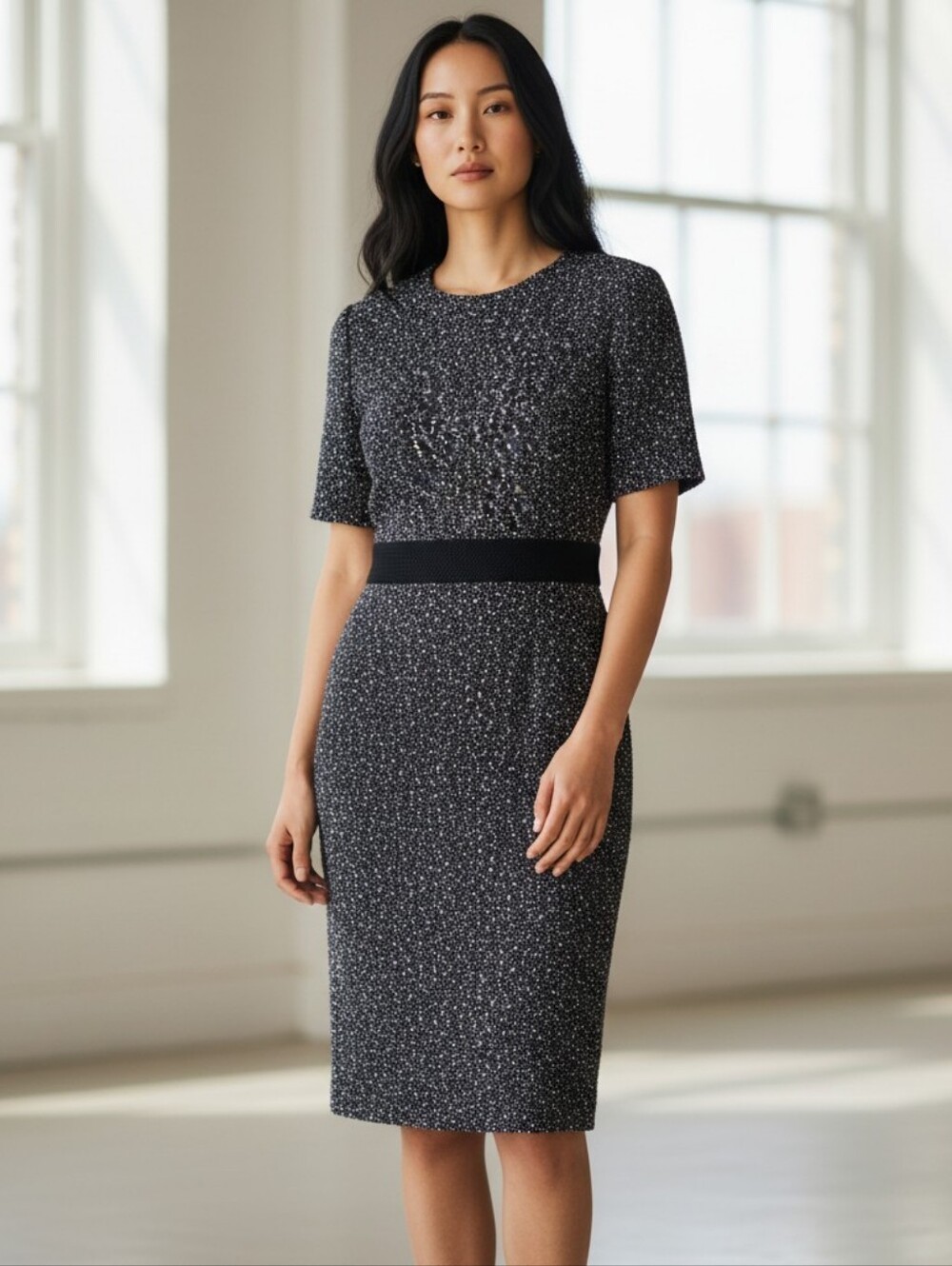 PAULE KA Black Speckle Midi Sheath Dress Size 44 Romania, 12 US